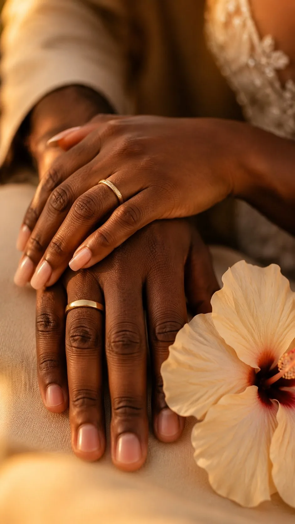 Mains entrelacées d'un couple, alliances dorées et fleur d'hibiscus