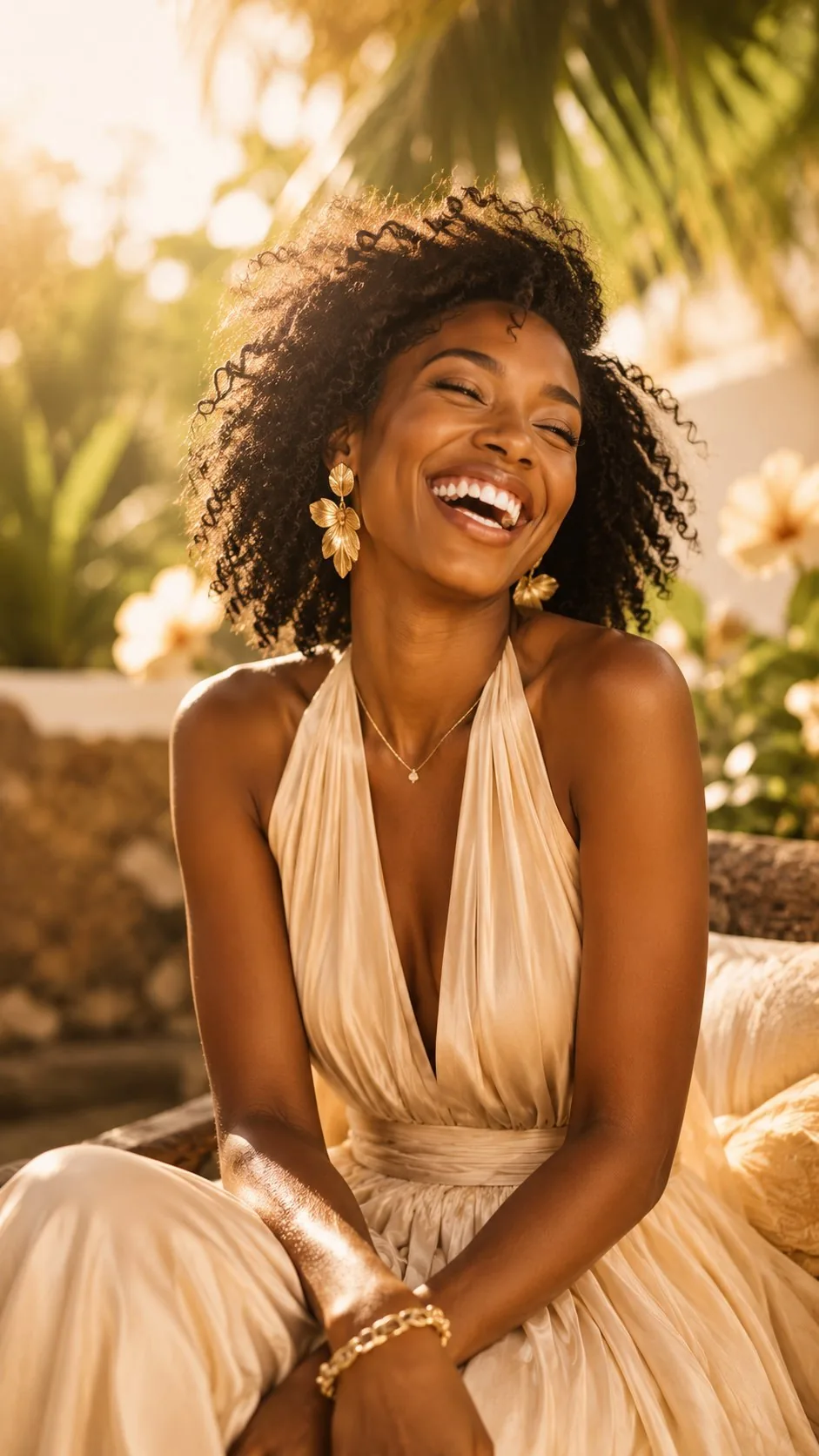 Femme rayonnante en pleine lumière dans un jardin tropical