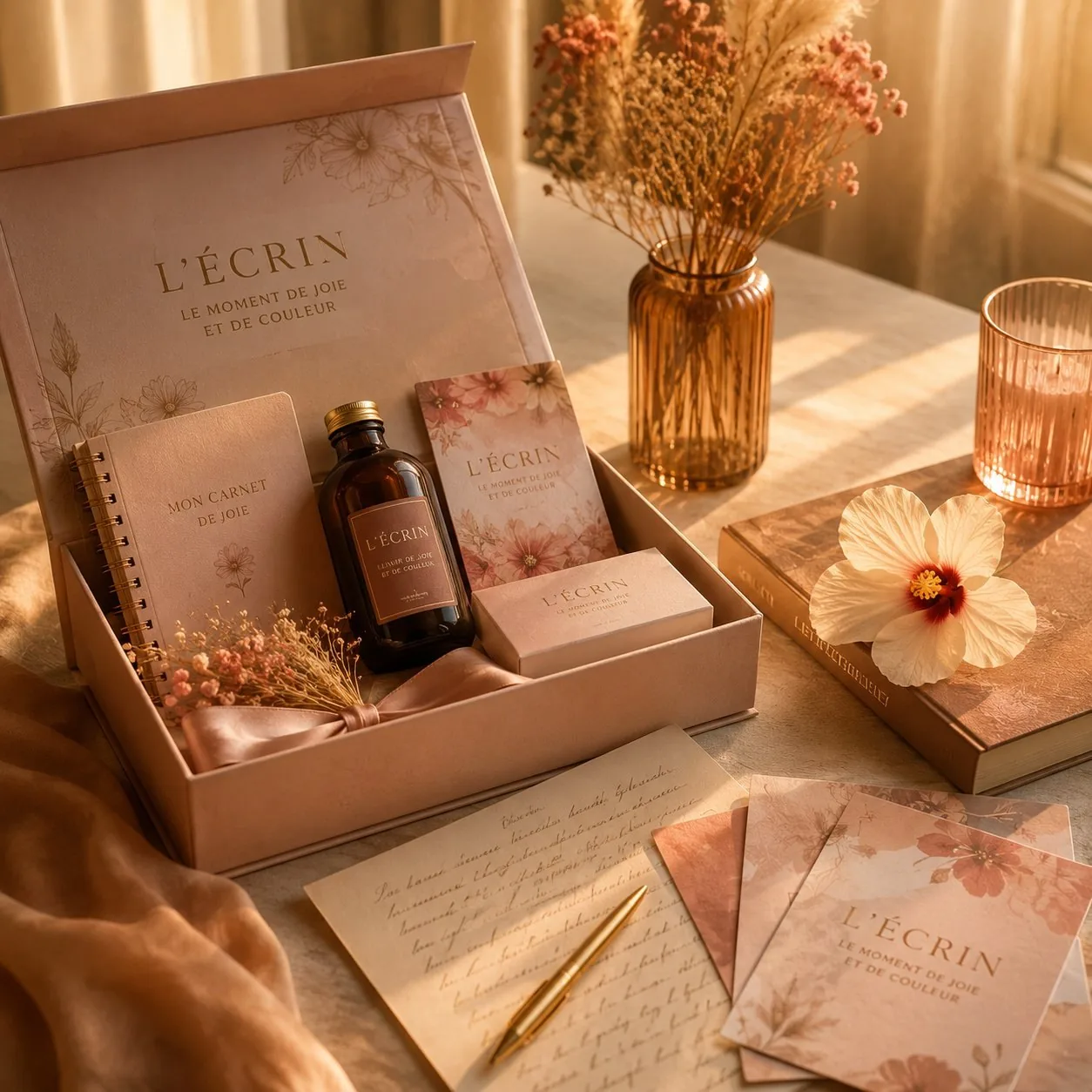 Coffret L'Écrin ouvert : carnet, flacon, cartes et lettre manuscrite, lumière chaude