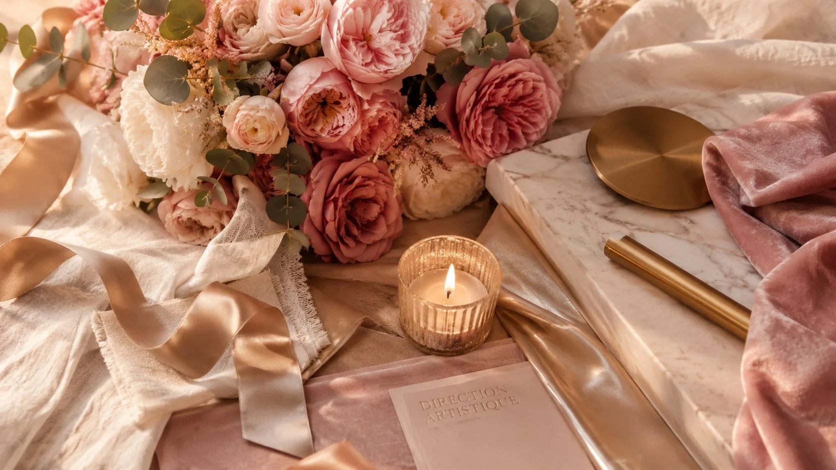 Composition de direction artistique : fleurs, soie, marbre, nuancier et alliances