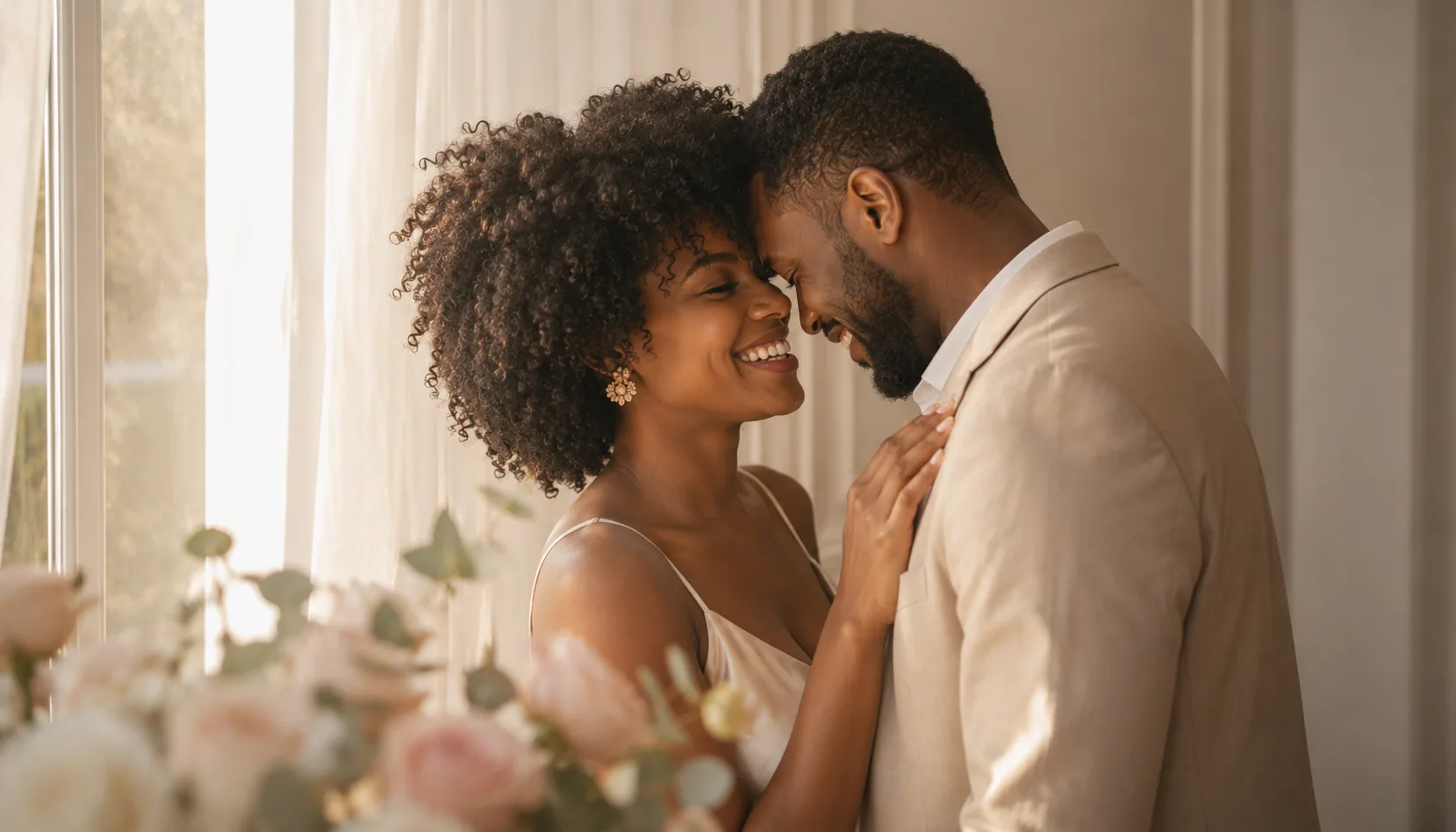 Couple de fiancés front contre front, sourire complice, lumière douce de fenêtre