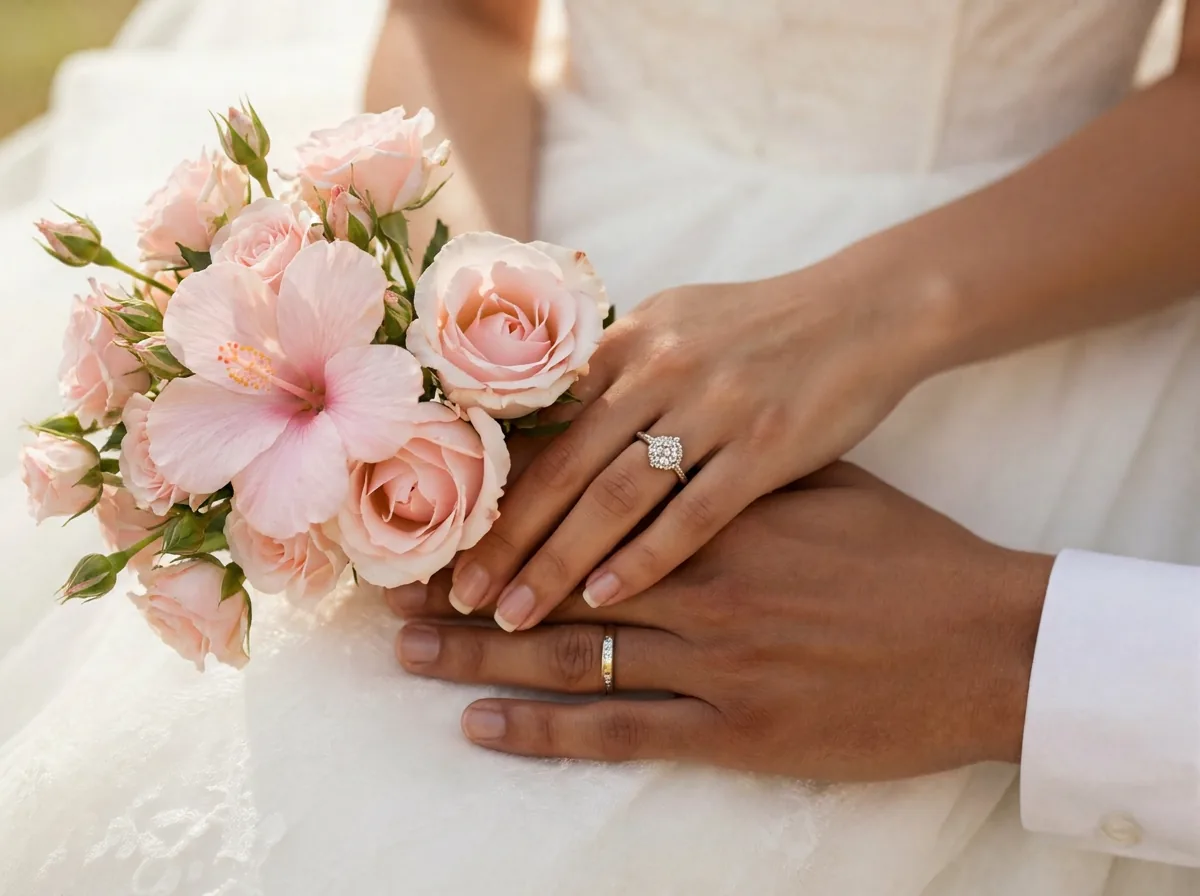Mains entrelacées des mariés, alliance et bague de fiançailles, bouquet de roses poudrées et fleur d'hibiscus