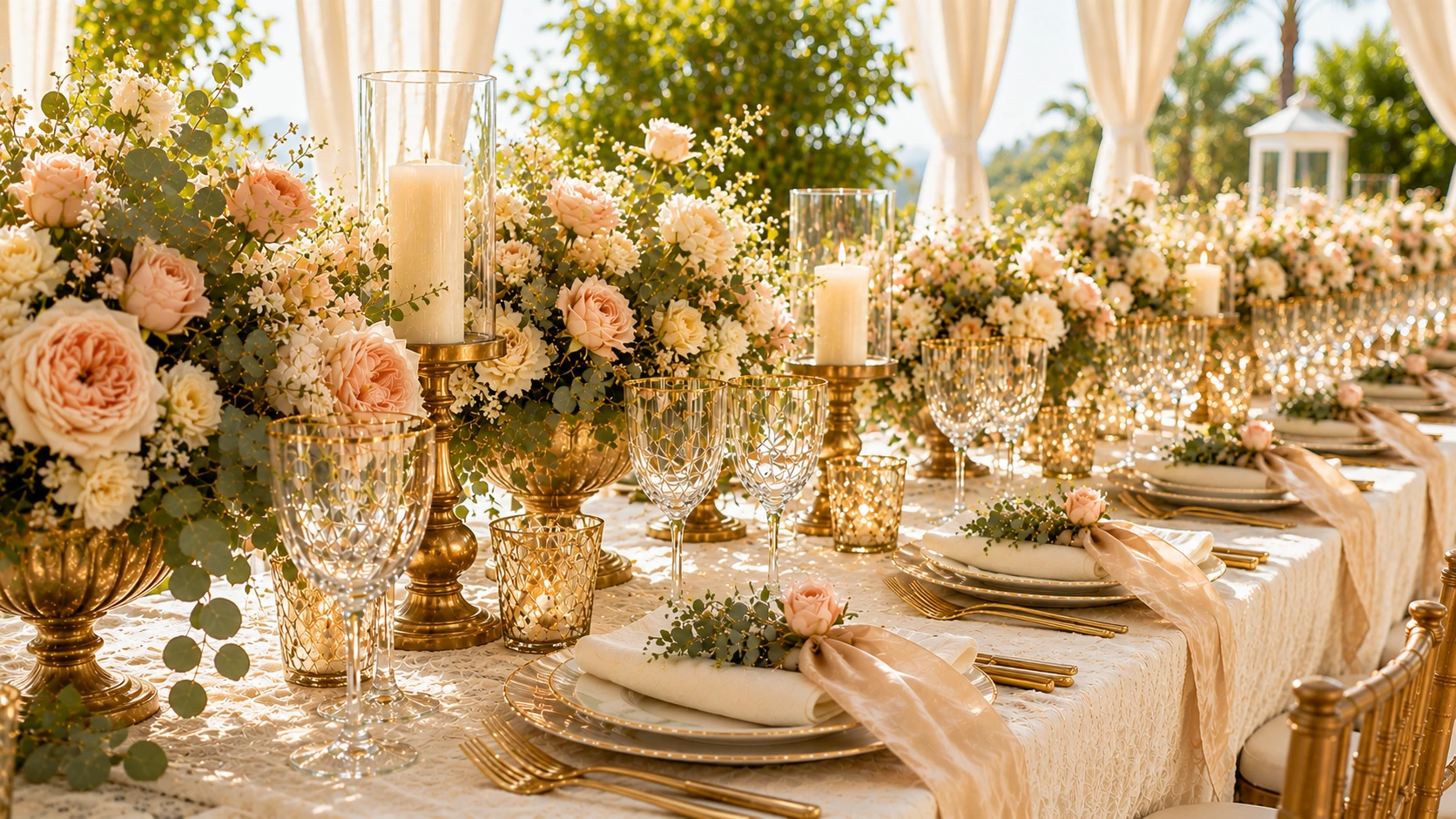 Longue table de réception dressée en plein jour, vaisselle dorée, roses poudrées et bougies